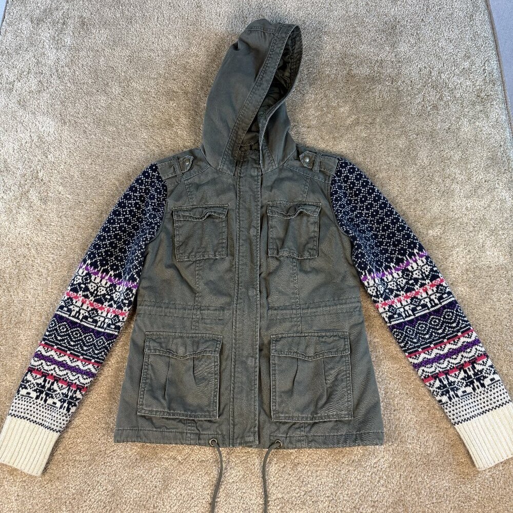 Aeropostale Womens Size M Jacket Green Canvas Hooded Sweater Sleeves Cotton